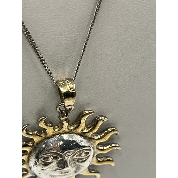 Mexico Vintage Handmade Sterling and Gold Sun Face Two Tone Pendant Necklace - Picture 9 of 13